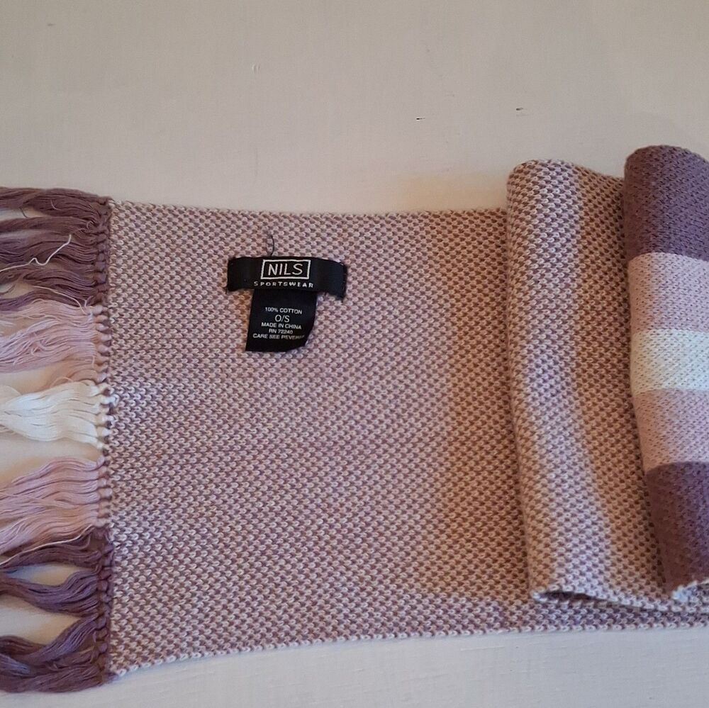 NILS Women's Knit Cotton Rectangle Scarf Purple & White Striped Fringe